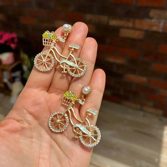 Anthropologie Blue Sweet Flowers Bicycle Crystal Earrings - Picture 10 of 11